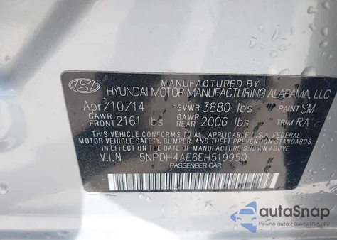 2014 Hyundai Elantra Se from USA, damaged, VIN 5NPDH4AE6EH519950